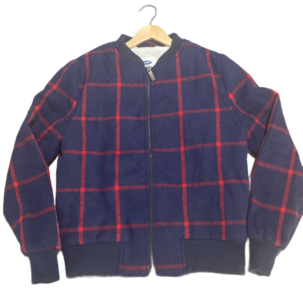 Old Navy Women's Blue and Red Windowpane Plaid Fleece-Lined Zip-Up Bomber Jacket
